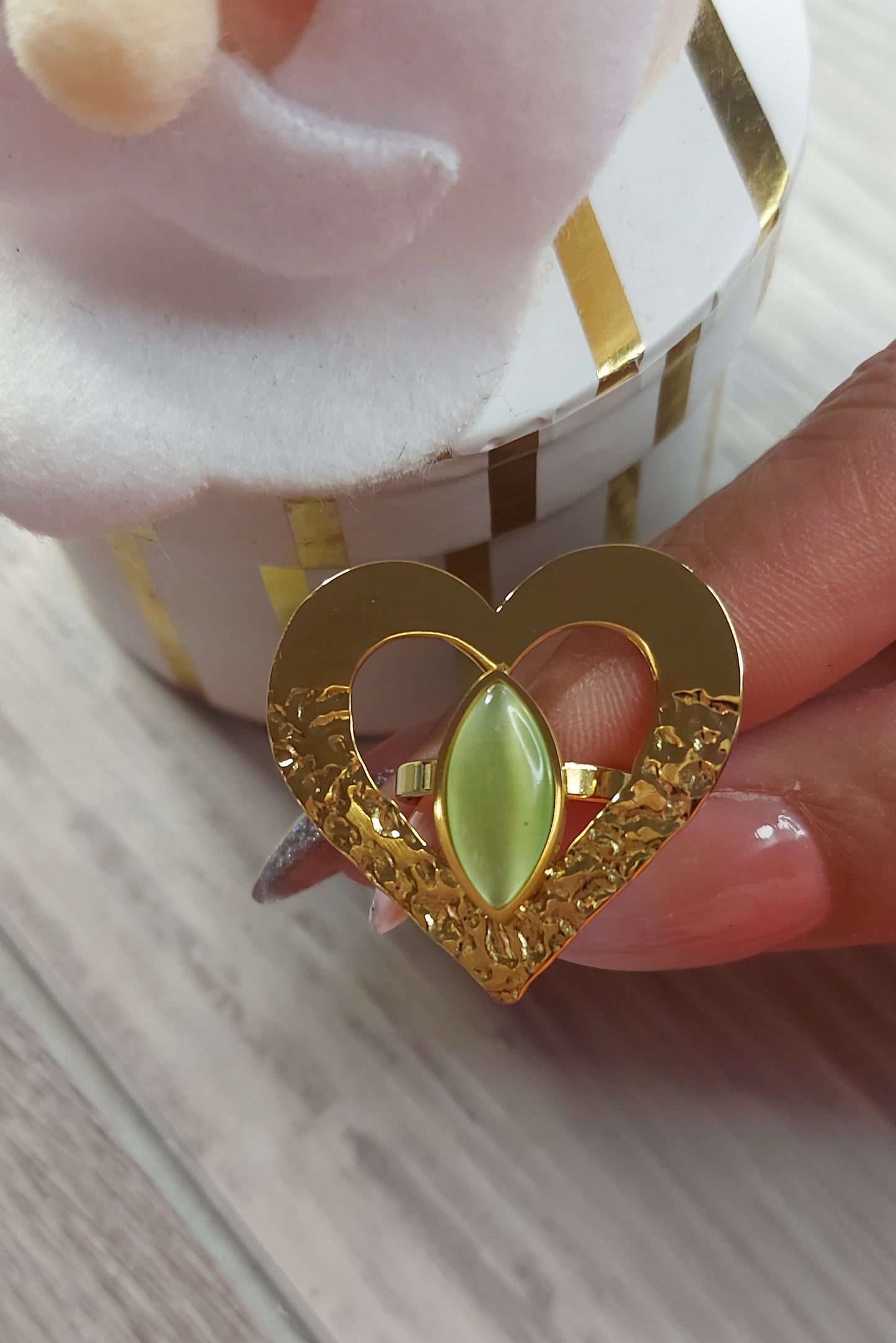 Jade Heart Ring Ajustable Stainless Steel Alta Calidad XP